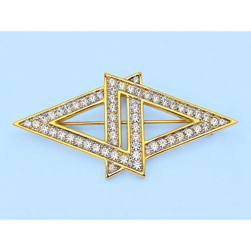 Vintage Nina Ricci 1980s Rhinestone Geometric Brooch Gold Tone Signed -3768